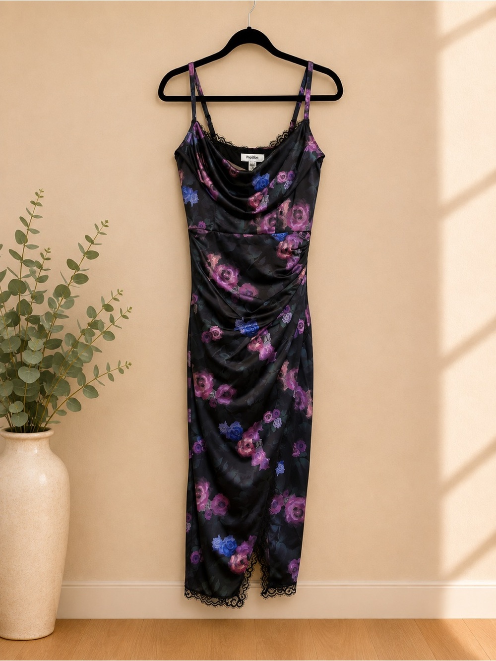 Floral Cowl Slip Midi Dress in Black and Purple by Nobody's Child